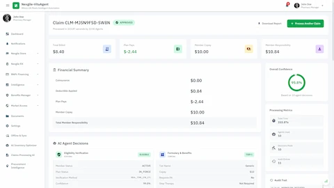 Claim Adjudication - Final approval decision with complete financial breakdown, 95.8% confidence score, detailed agent decisions, and processing metrics audit trail