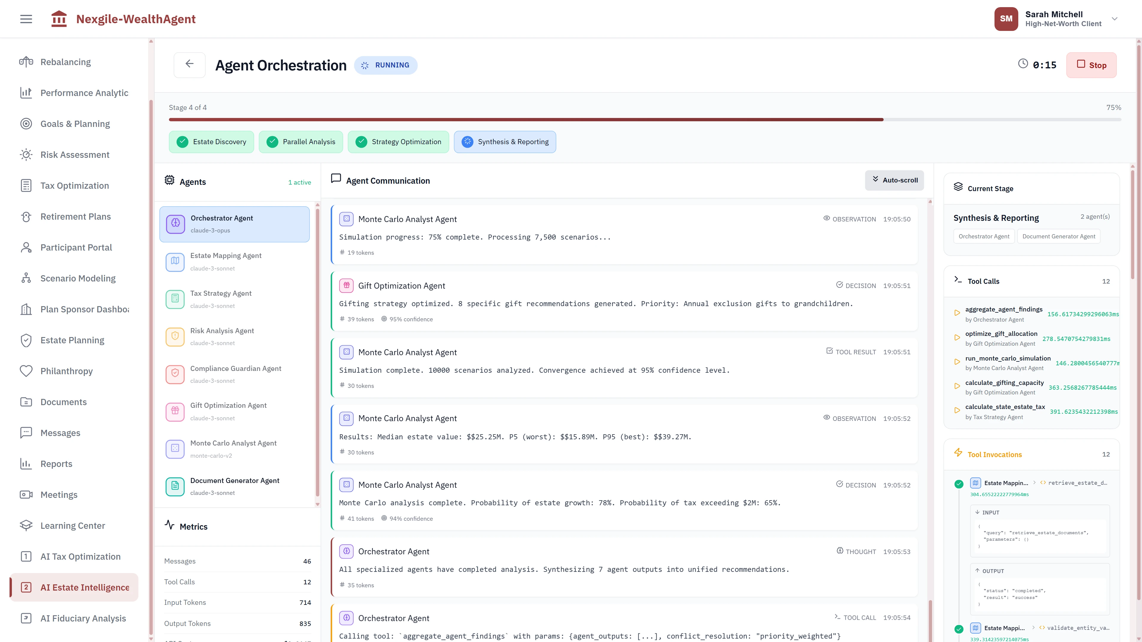 Agent Orchestration dashboard showing 8 specialized AI agents (Orchestrator, Estate Mapping, Tax Strategy, Risk Analysis, Compliance Guardian, Gift Optimization, Monte Carlo Analyst, Document Generator) in synthesis stage, real-time agent communication logs with Monte Carlo simulation results, and tool invocations with processing metrics