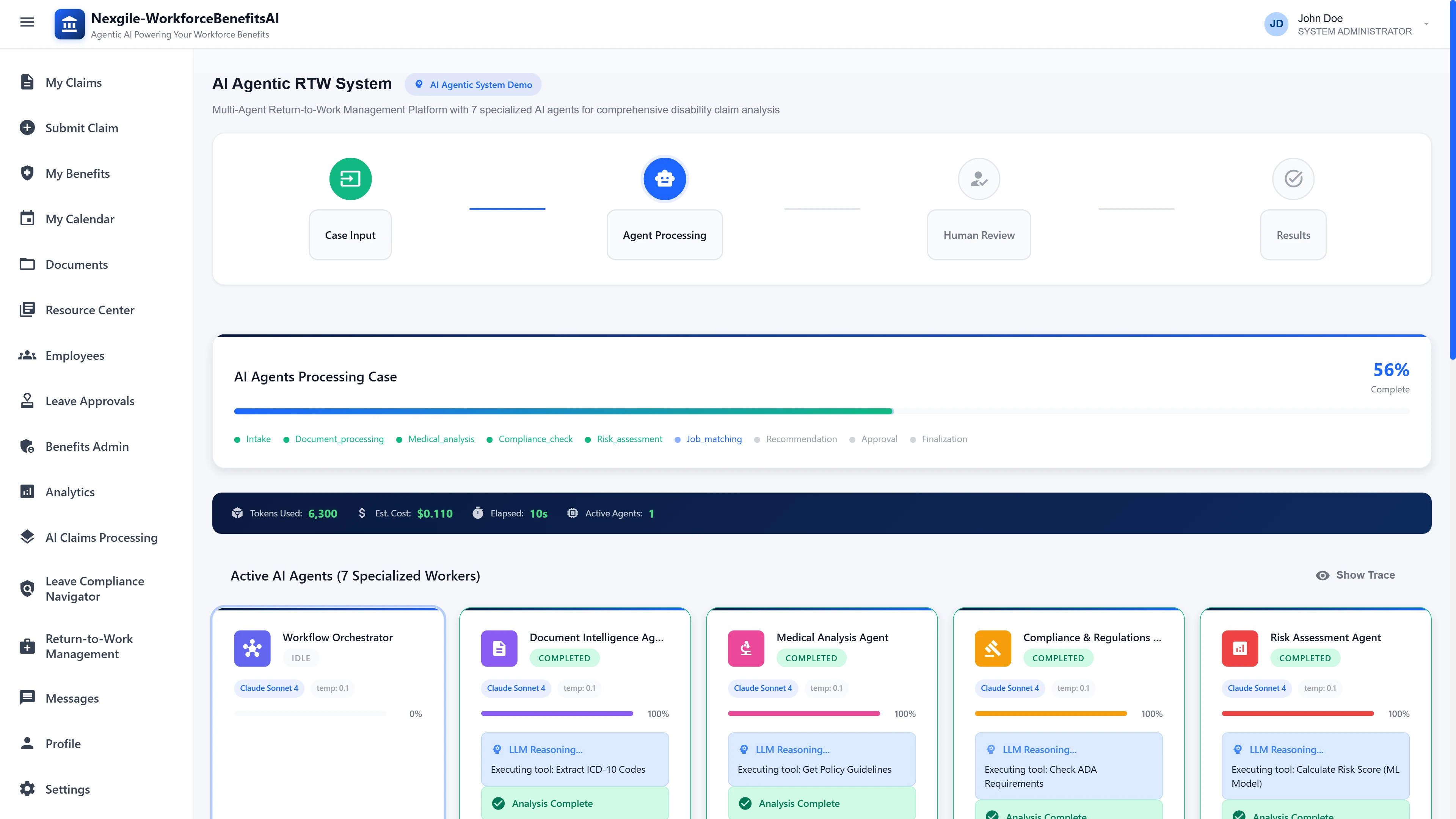 AI Agentic RTW System Overview - Multi-agent processing dashboard showing 7 specialized workers (Workflow Orchestrator, Document Intelligence, Medical Analysis, Compliance & Regulations, Risk Assessment) with real-time token usage tracking and cost estimation